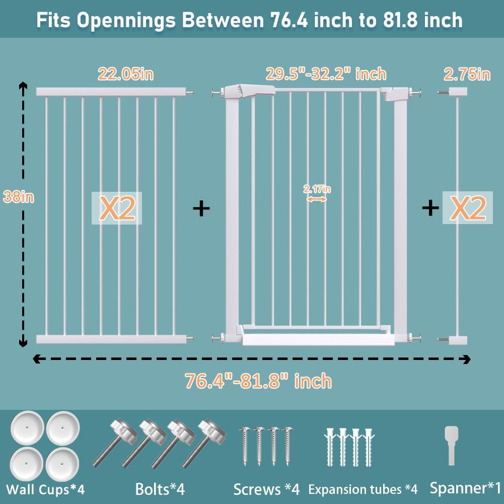 38" Extra Tall Baby Gate, 65.4"-70.8" Extra Wide Long Pet Gate for Dogs Cats Puppy, Metal Auto Close Safety Child Gate for Stairs Doorways, Pressure Mounted Gate Fence No Drill, White