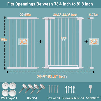 38" Extra Tall Baby Gate, 65.4"-70.8" Extra Wide Long Pet Gate for Dogs Cats Puppy, Metal Auto Close Safety Child Gate for Stairs Doorways, Pressure Mounted Gate Fence No Drill, White