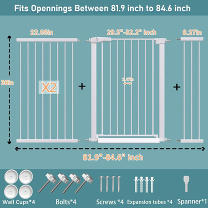 38" Extra Tall Baby Gate, 65.4"-70.8" Extra Wide Long Pet Gate for Dogs Cats Puppy, Metal Auto Close Safety Child Gate for Stairs Doorways, Pressure Mounted Gate Fence No Drill, White