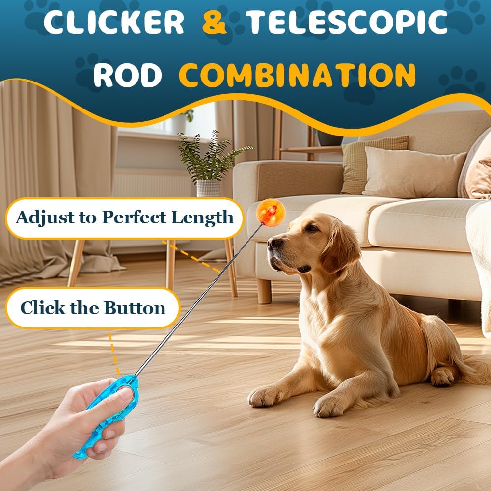 Dog Training Clicker for Training with Retractable Target Stick and Bright Ball, Clear Plastic Handle, Adjustable Length Trainer for Dogs, Puppies, Cats and Pets