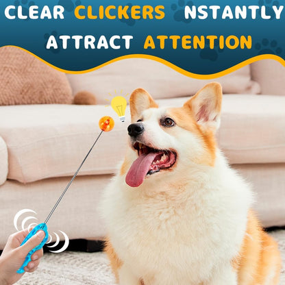 Dog Training Clicker for Training with Retractable Target Stick and Bright Ball, Clear Plastic Handle, Adjustable Length Trainer for Dogs, Puppies, Cats and Pets