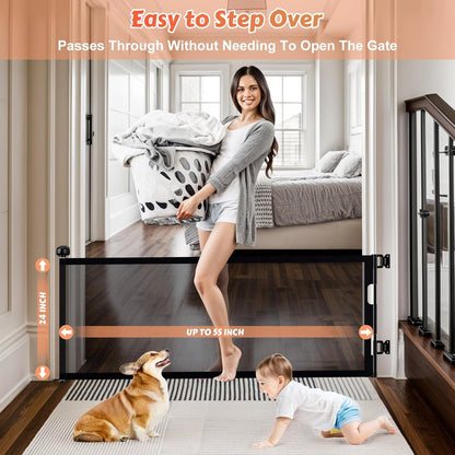 24" Tall Retractable Baby Gates to Step Over, Short Dog Gates Pet Gate for Puppies Small Dogs, 0-55" Wide Adjustable Mesh Baby Gate for Doorways and Stairs, Indoor/Outdoor Use