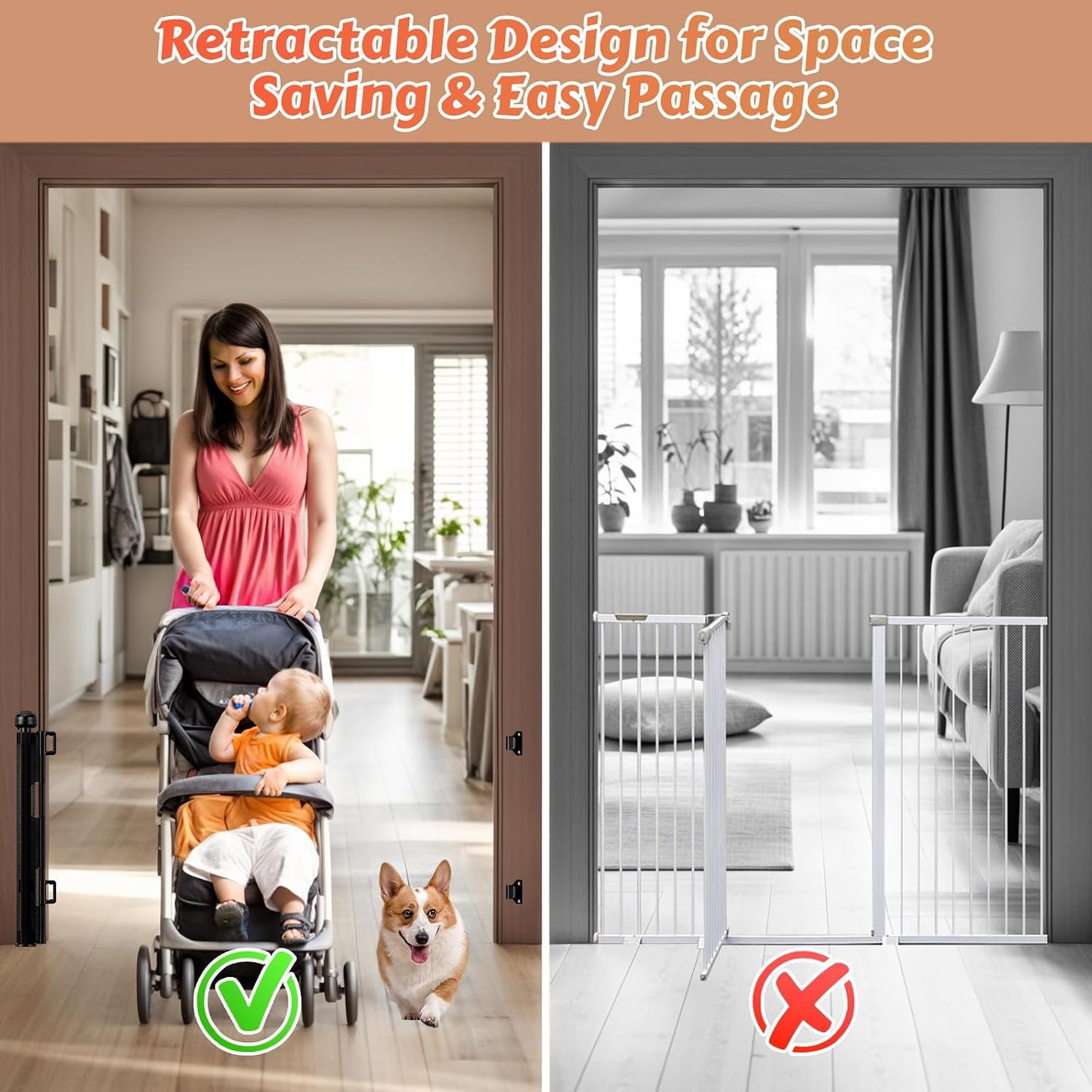 24" Tall Retractable Baby Gates to Step Over, Short Dog Gates Pet Gate for Puppies Small Dogs, 0-55" Wide Adjustable Mesh Baby Gate for Doorways and Stairs, Indoor/Outdoor Use