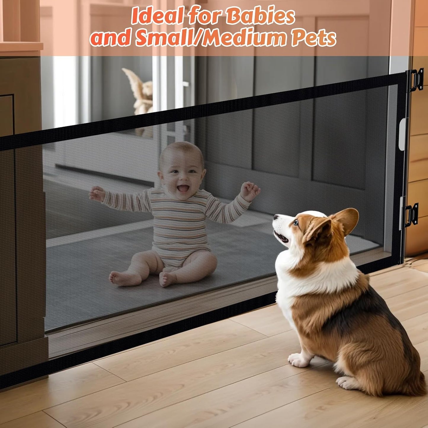 24" Tall Retractable Baby Gates to Step Over, Short Dog Gates Pet Gate for Puppies Small Dogs, 0-55" Wide Adjustable Mesh Baby Gate for Doorways and Stairs, Indoor/Outdoor Use