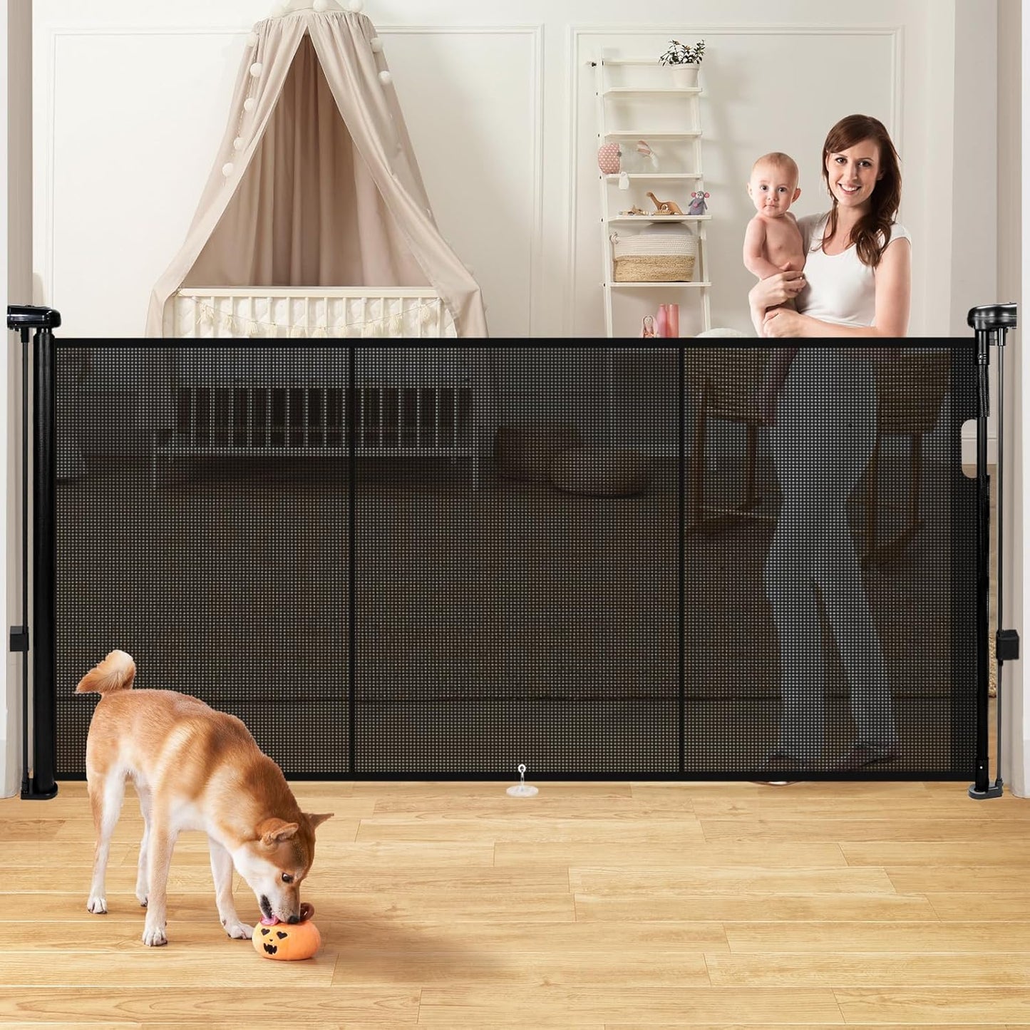 24" Tall Retractable Baby Gates to Step Over, Short Dog Gates Pet Gate for Puppies Small Dogs, 0-55" Wide Adjustable Mesh Baby Gate for Doorways and Stairs, Indoor/Outdoor Use