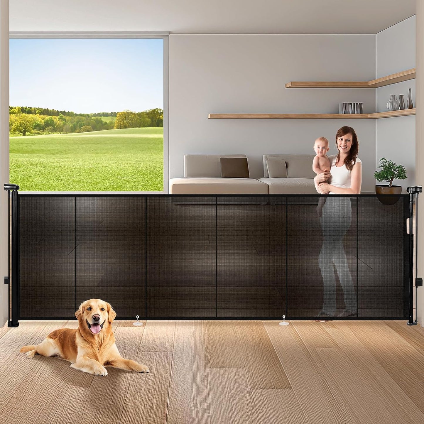 24" Tall Retractable Baby Gates to Step Over, Short Dog Gates Pet Gate for Puppies Small Dogs, 0-55" Wide Adjustable Mesh Baby Gate for Doorways and Stairs, Indoor/Outdoor Use