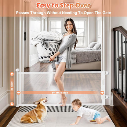 24" Tall Retractable Baby Gates to Step Over, Short Dog Gates Pet Gate for Puppies Small Dogs, 0-55" Wide Adjustable Mesh Baby Gate for Doorways and Stairs, Indoor/Outdoor Use