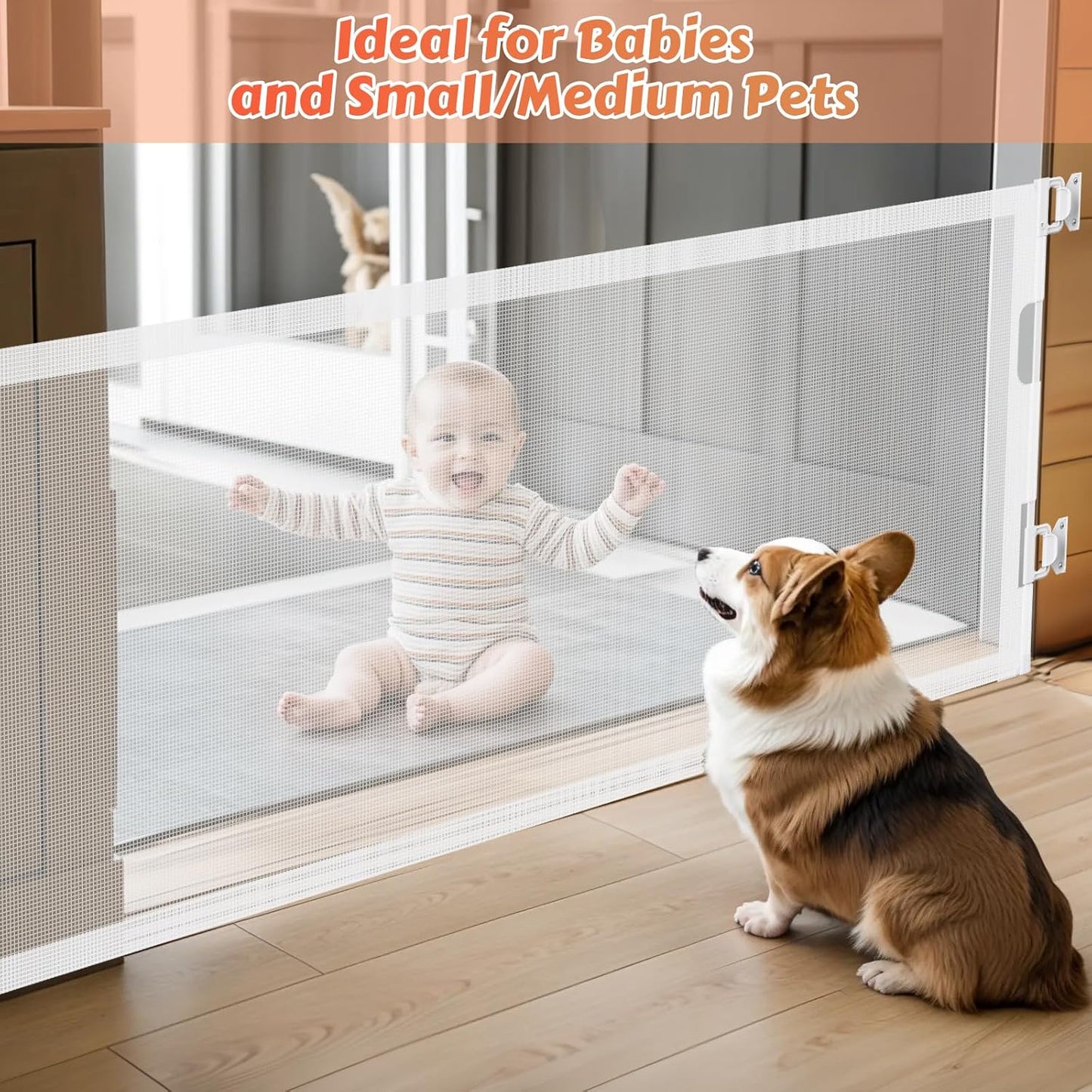 24" Tall Retractable Baby Gates to Step Over, Short Dog Gates Pet Gate for Puppies Small Dogs, 0-55" Wide Adjustable Mesh Baby Gate for Doorways and Stairs, Indoor/Outdoor Use