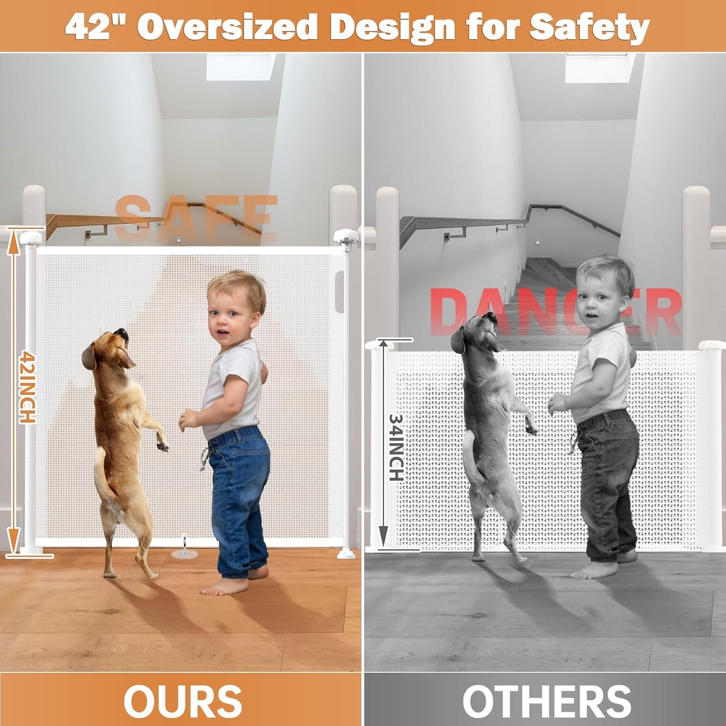 24" Tall Retractable Baby Gates to Step Over, Short Dog Gates Pet Gate for Puppies Small Dogs, 0-55" Wide Adjustable Mesh Baby Gate for Doorways and Stairs, Indoor/Outdoor Use