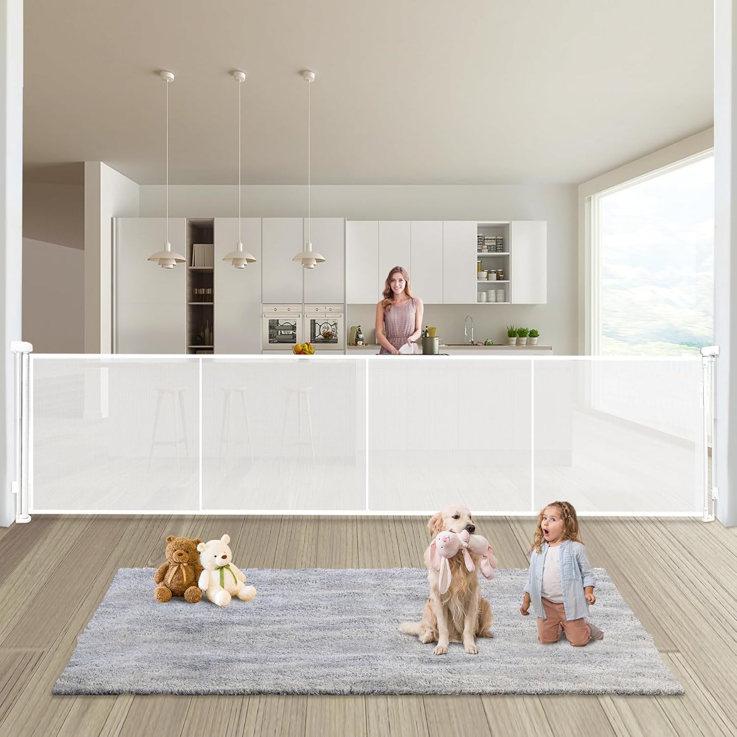 24" Tall Retractable Baby Gates to Step Over, Short Dog Gates Pet Gate for Puppies Small Dogs, 0-55" Wide Adjustable Mesh Baby Gate for Doorways and Stairs, Indoor/Outdoor Use