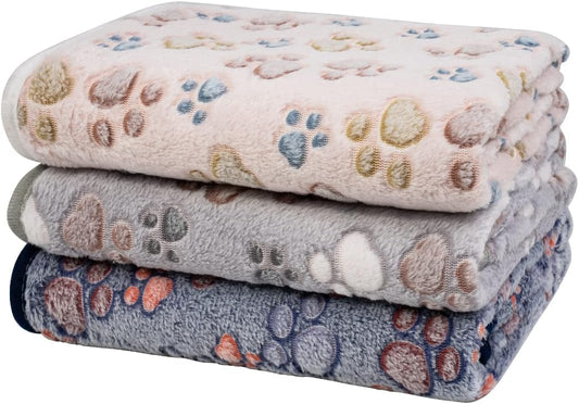 1 Pack 3 Dog Blankets, Soft Fluffy Fleece Pet Blanket Warm Sleep Mat Paw Print Design Puppy Kitten Throw Blankets Doggy Blanket for Dogs