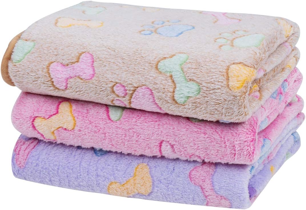 1 Pack 3 Dog Blankets, Soft Fluffy Fleece Pet Blanket Warm Sleep Mat Paw Print Design Puppy Kitten Throw Blankets Doggy Blanket for Dogs