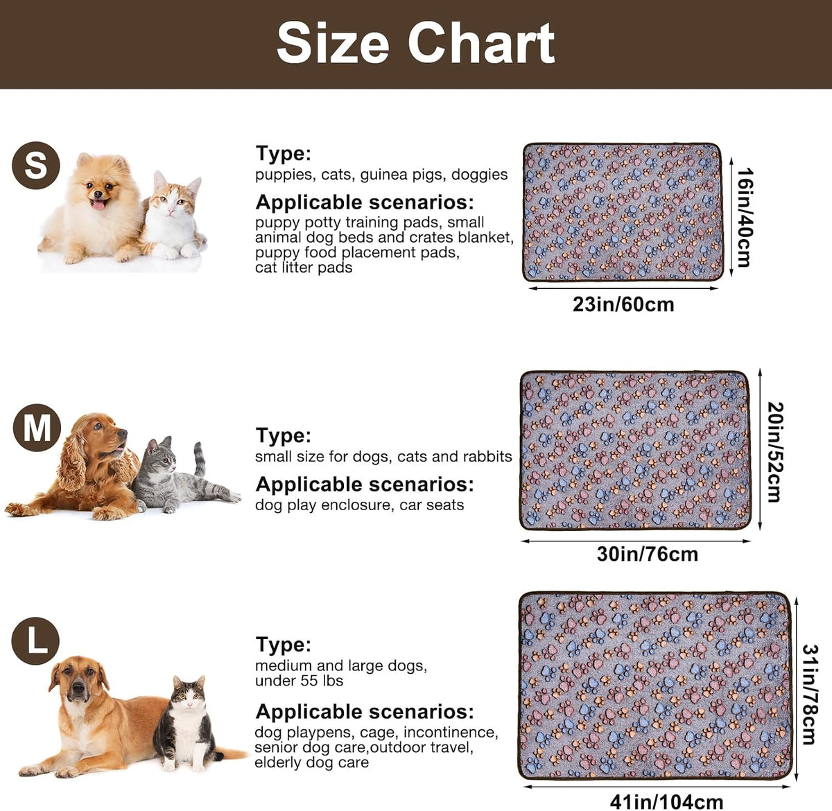 1 Pack 3 Dog Blankets, Soft Fluffy Fleece Pet Blanket Warm Sleep Mat Paw Print Design Puppy Kitten Throw Blankets Doggy Blanket for Dogs