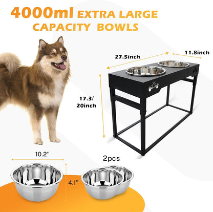 Elevated Dog Bowls for Dog Adjustable Raised Stand for Large Breed Dogs Height 2.75" up to 20'' with 2 Stainless Steel Food&Water (4L)