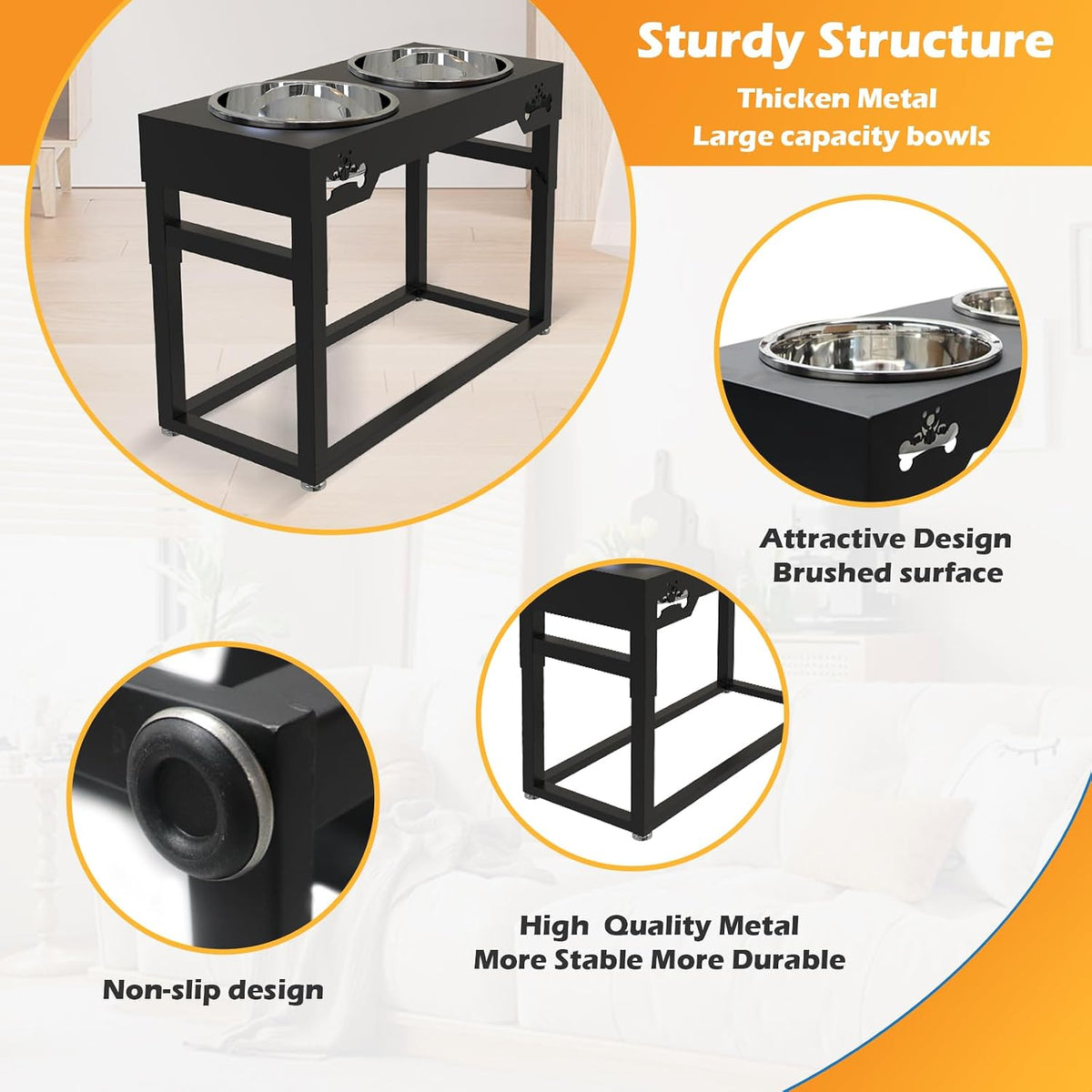 Elevated Dog Bowls for Dog Adjustable Raised Stand for Large Breed Dogs Height 2.75" up to 20'' with 2 Stainless Steel Food&Water (4L)