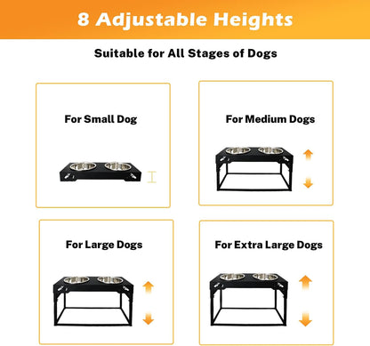 Elevated Dog Bowls for Dog Adjustable Raised Stand for Large Breed Dogs Height 2.75" up to 20'' with 2 Stainless Steel Food&Water (4L)