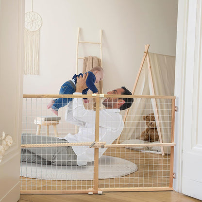 Extra-Wide Wire Mesh Wooden Baby Gate: Pressure Mounted Baby Gate for Doorways - Adjustable 29.5 to 50 Inches Wide - 31 Inches Tall
