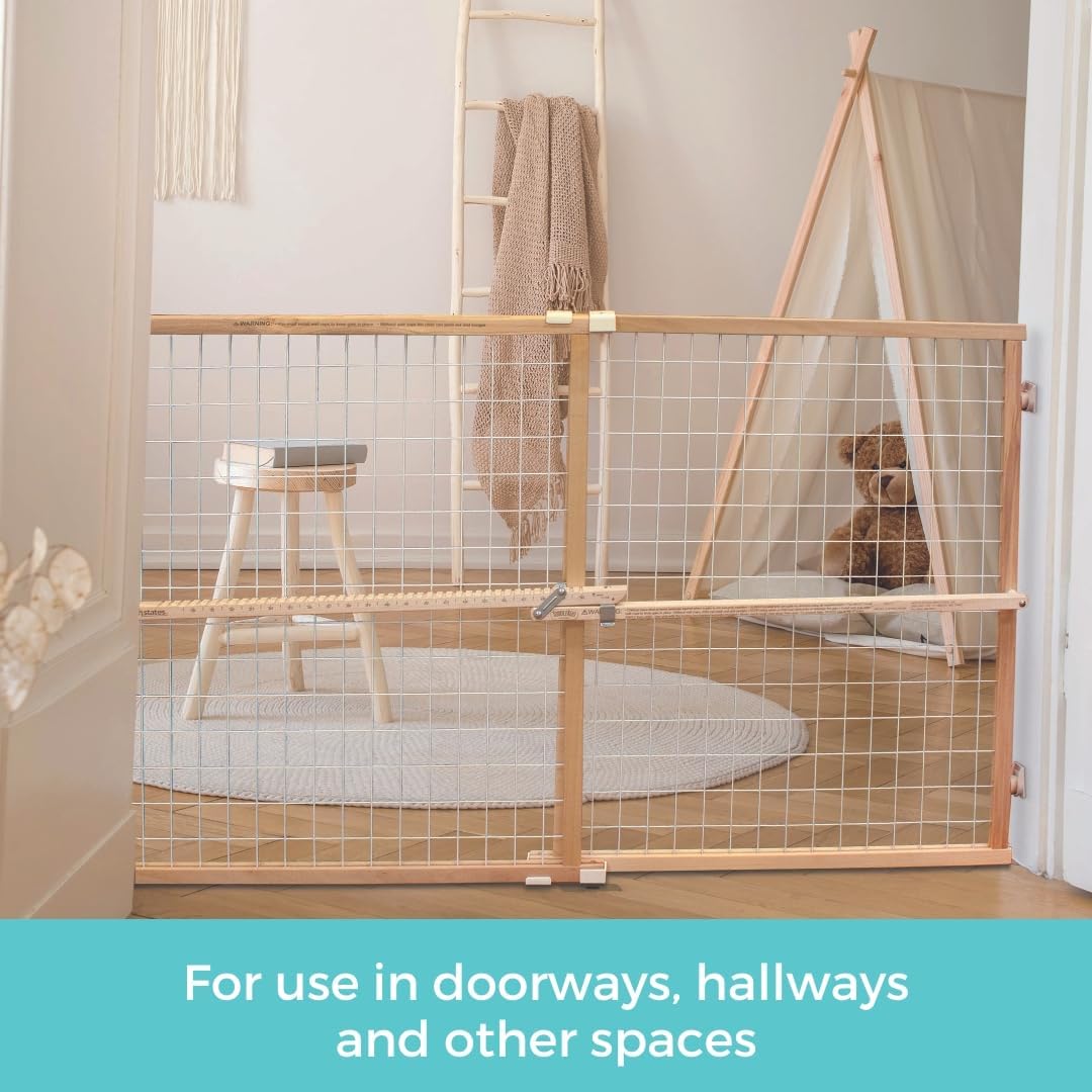 Extra-Wide Wire Mesh Wooden Baby Gate: Pressure Mounted Baby Gate for Doorways - Adjustable 29.5 to 50 Inches Wide - 31 Inches Tall