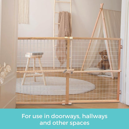 Extra-Wide Wire Mesh Wooden Baby Gate: Pressure Mounted Baby Gate for Doorways - Adjustable 29.5 to 50 Inches Wide - 31 Inches Tall
