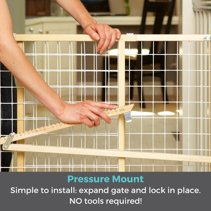 Extra-Wide Wire Mesh Wooden Baby Gate: Pressure Mounted Baby Gate for Doorways - Adjustable 29.5 to 50 Inches Wide - 31 Inches Tall