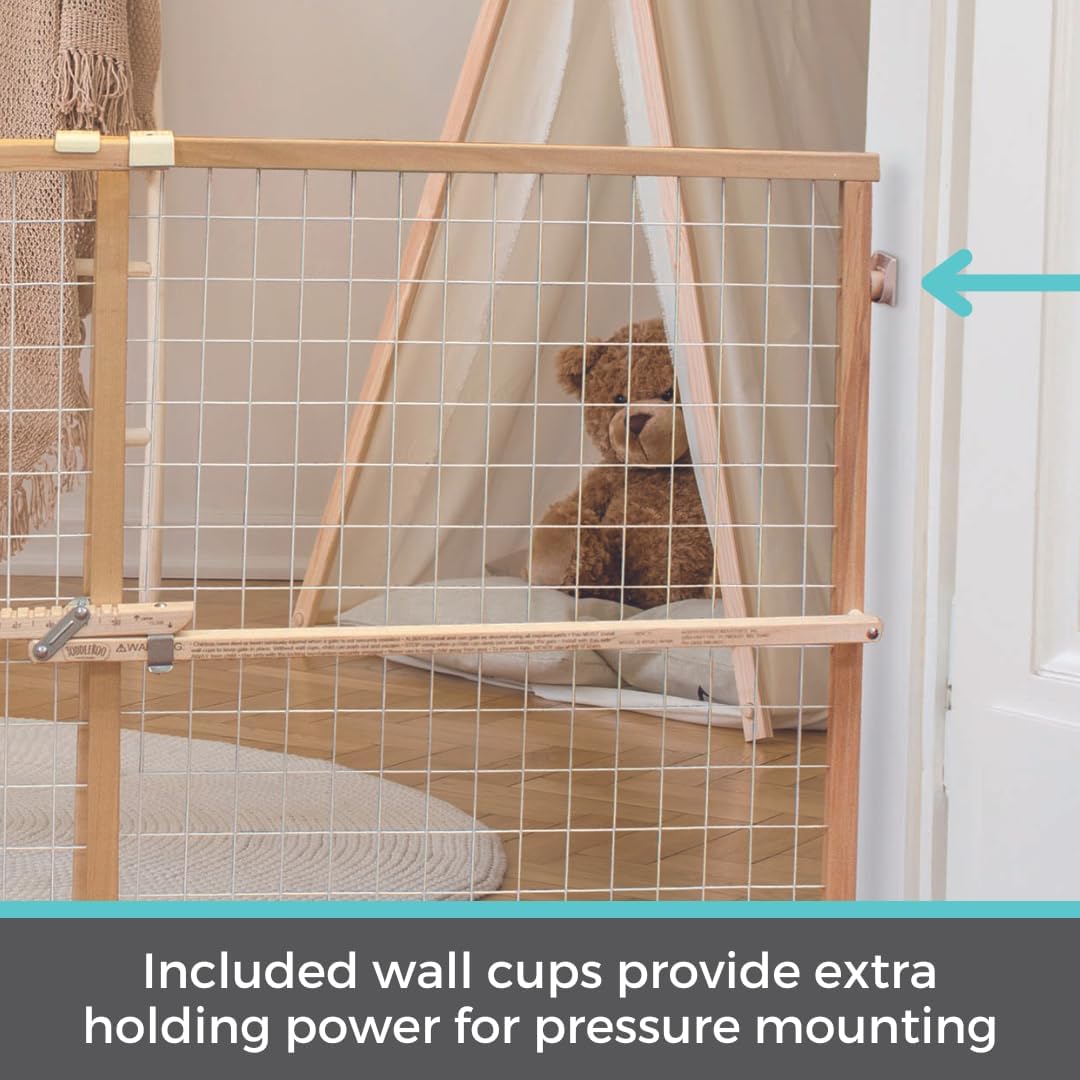Extra-Wide Wire Mesh Wooden Baby Gate: Pressure Mounted Baby Gate for Doorways - Adjustable 29.5 to 50 Inches Wide - 31 Inches Tall