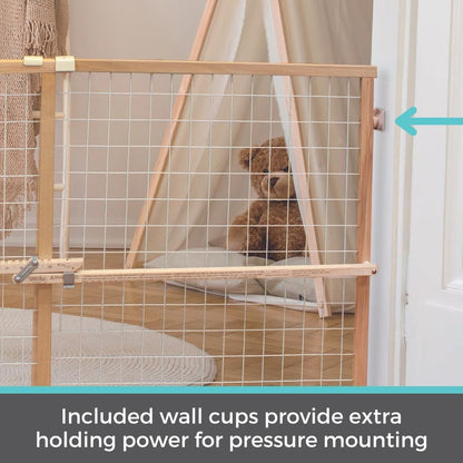 Extra-Wide Wire Mesh Wooden Baby Gate: Pressure Mounted Baby Gate for Doorways - Adjustable 29.5 to 50 Inches Wide - 31 Inches Tall