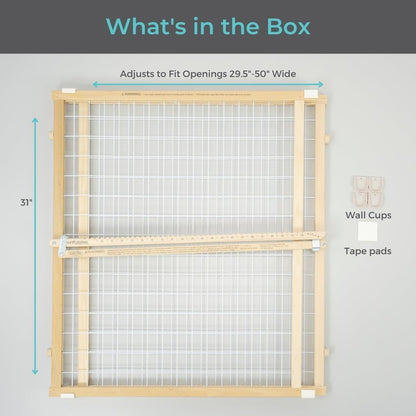 Extra-Wide Wire Mesh Wooden Baby Gate: Pressure Mounted Baby Gate for Doorways - Adjustable 29.5 to 50 Inches Wide - 31 Inches Tall