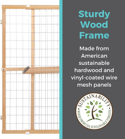 Extra-Wide Wire Mesh Wooden Baby Gate: Pressure Mounted Baby Gate for Doorways - Adjustable 29.5 to 50 Inches Wide - 31 Inches Tall