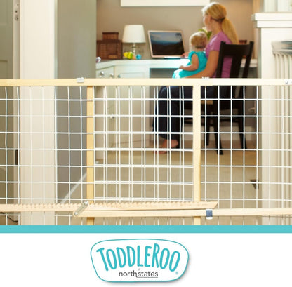 Extra-Wide Wire Mesh Wooden Baby Gate: Pressure Mounted Baby Gate for Doorways - Adjustable 29.5 to 50 Inches Wide - 31 Inches Tall
