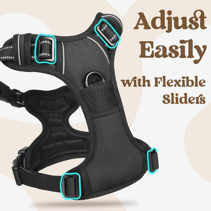 Dog Harness for Large, Updated Easy On & Off with 3 Buckles | No Pull No Choke, Walking with 2 Clips and Handle, Adjustable Soft Reflective, Blue, Large