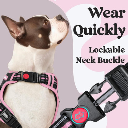 Dog Harness for Large, Updated Easy On & Off with 3 Buckles | No Pull No Choke, Walking with 2 Clips and Handle, Adjustable Soft Reflective, Blue, Large