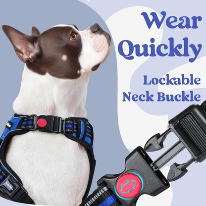 Dog Harness for Large, Updated Easy On & Off with 3 Buckles | No Pull No Choke, Walking with 2 Clips and Handle, Adjustable Soft Reflective, Blue, Large