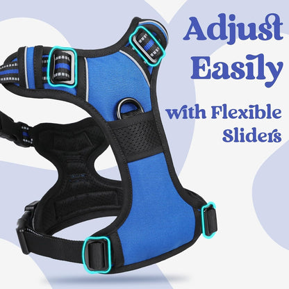 Dog Harness for Large, Updated Easy On & Off with 3 Buckles | No Pull No Choke, Walking with 2 Clips and Handle, Adjustable Soft Reflective, Blue, Large