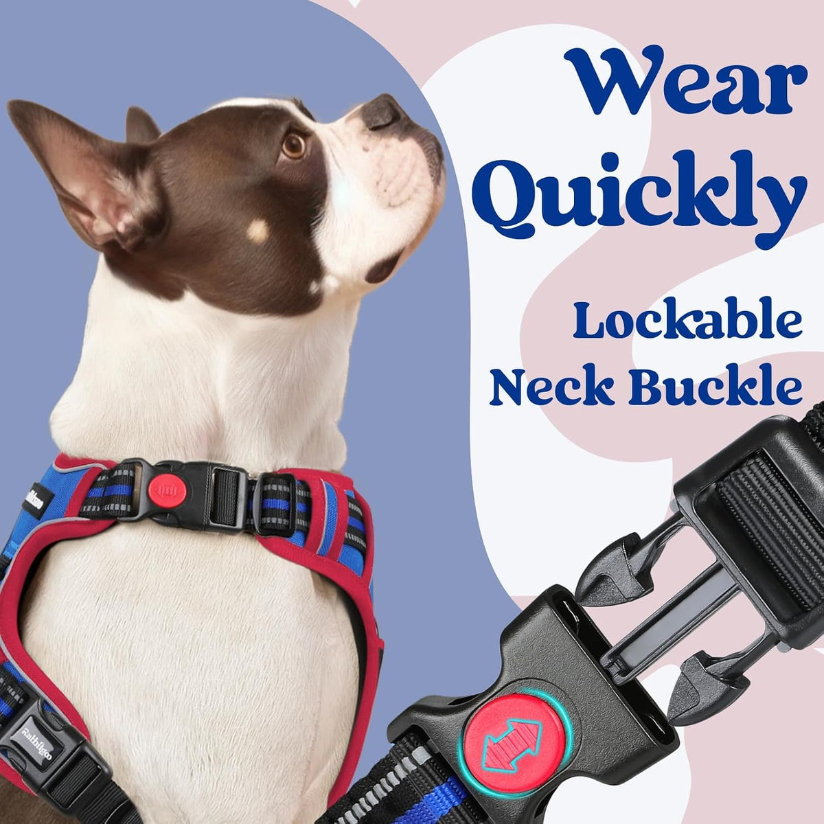 Dog Harness for Large, Updated Easy On & Off with 3 Buckles | No Pull No Choke, Walking with 2 Clips and Handle, Adjustable Soft Reflective, Blue, Large