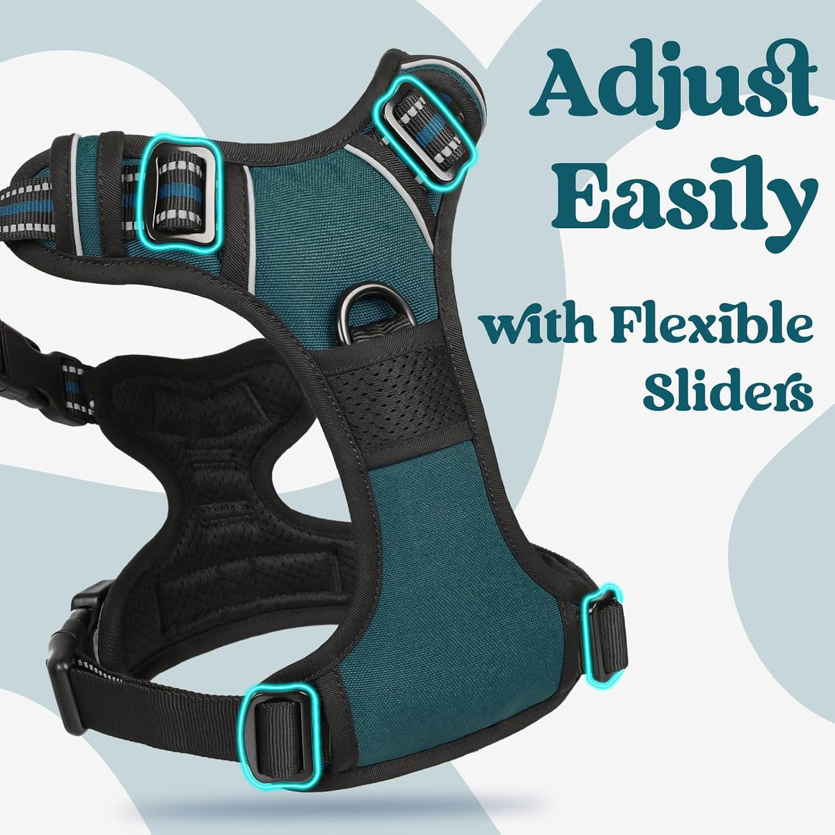 Dog Harness for Large, Updated Easy On & Off with 3 Buckles | No Pull No Choke, Walking with 2 Clips and Handle, Adjustable Soft Reflective, Blue, Large