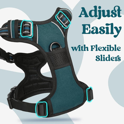 Dog Harness for Large, Updated Easy On & Off with 3 Buckles | No Pull No Choke, Walking with 2 Clips and Handle, Adjustable Soft Reflective, Blue, Large