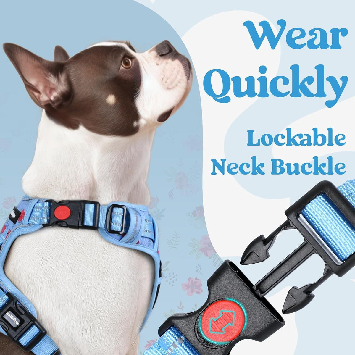 Dog Harness for Large, Updated Easy On & Off with 3 Buckles | No Pull No Choke, Walking with 2 Clips and Handle, Adjustable Soft Reflective, Blue, Large