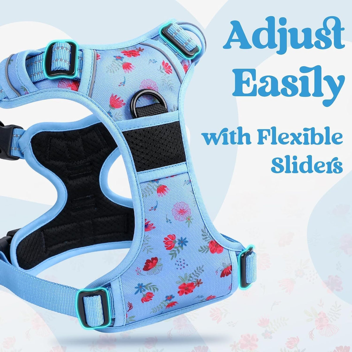 Dog Harness for Large, Updated Easy On & Off with 3 Buckles | No Pull No Choke, Walking with 2 Clips and Handle, Adjustable Soft Reflective, Blue, Large