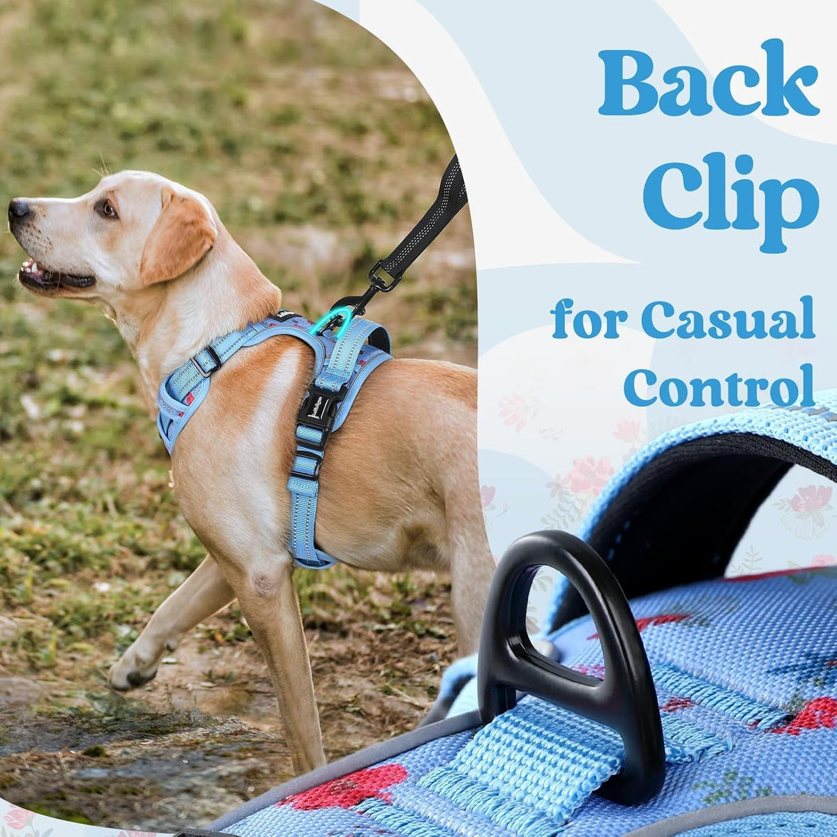 Dog Harness for Large, Updated Easy On & Off with 3 Buckles | No Pull No Choke, Walking with 2 Clips and Handle, Adjustable Soft Reflective, Blue, Large
