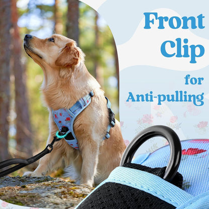Dog Harness for Large, Updated Easy On & Off with 3 Buckles | No Pull No Choke, Walking with 2 Clips and Handle, Adjustable Soft Reflective, Blue, Large