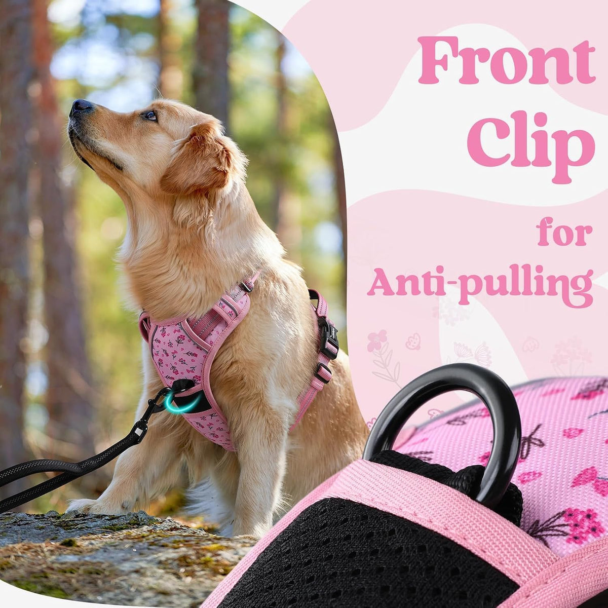 Dog Harness for Large, Updated Easy On & Off with 3 Buckles | No Pull No Choke, Walking with 2 Clips and Handle, Adjustable Soft Reflective, Blue, Large