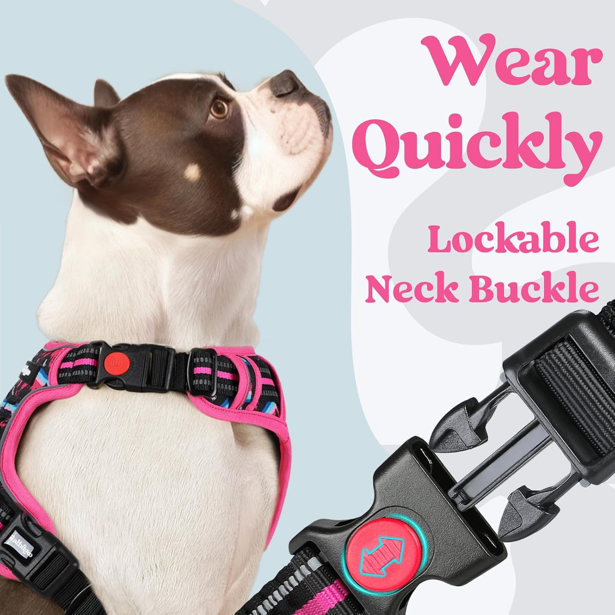 Dog Harness for Large, Updated Easy On & Off with 3 Buckles | No Pull No Choke, Walking with 2 Clips and Handle, Adjustable Soft Reflective, Blue, Large