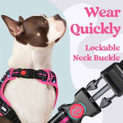 Dog Harness for Large, Updated Easy On & Off with 3 Buckles | No Pull No Choke, Walking with 2 Clips and Handle, Adjustable Soft Reflective, Blue, Large