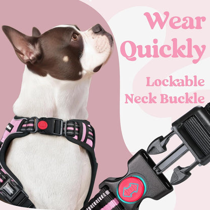 Dog Harness for Large, Updated Easy On & Off with 3 Buckles | No Pull No Choke, Walking with 2 Clips and Handle, Adjustable Soft Reflective, Blue, Large