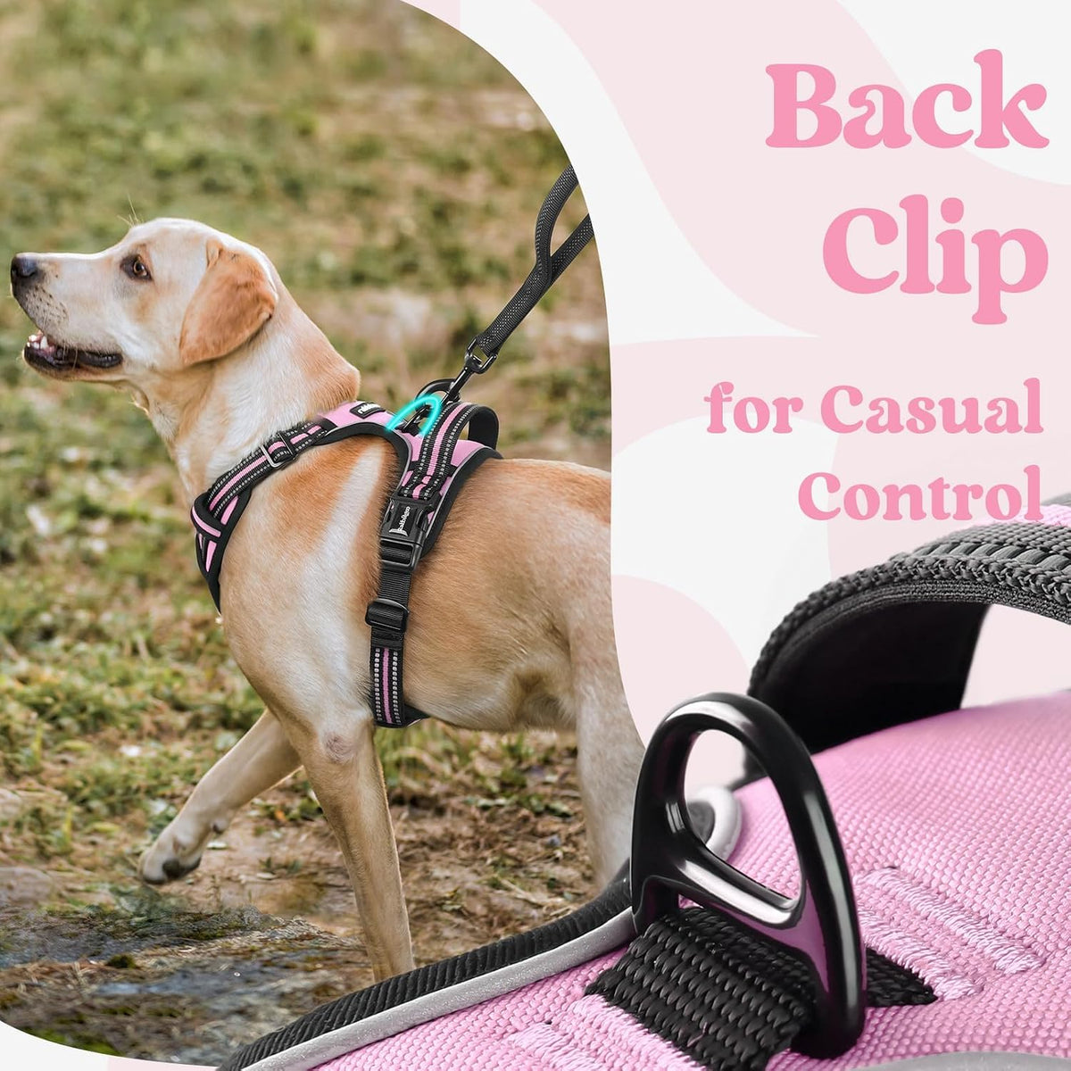 Dog Harness for Large, Updated Easy On & Off with 3 Buckles | No Pull No Choke, Walking with 2 Clips and Handle, Adjustable Soft Reflective, Blue, Large