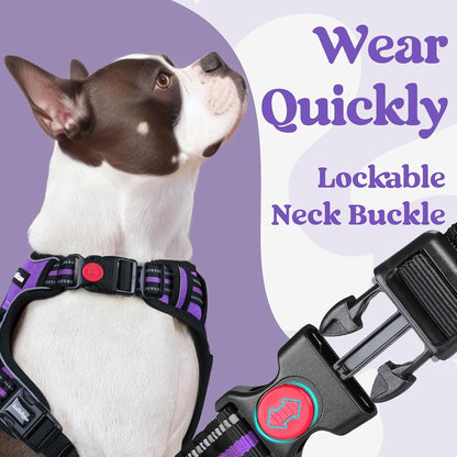 Dog Harness for Large, Updated Easy On & Off with 3 Buckles | No Pull No Choke, Walking with 2 Clips and Handle, Adjustable Soft Reflective, Blue, Large