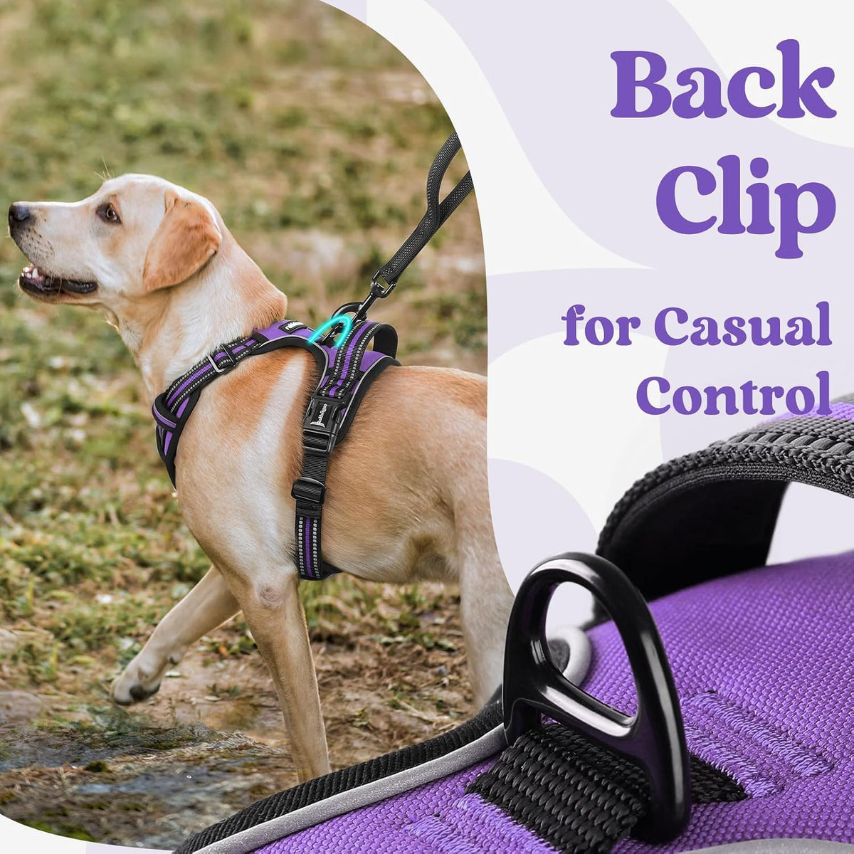 Dog Harness for Large, Updated Easy On & Off with 3 Buckles | No Pull No Choke, Walking with 2 Clips and Handle, Adjustable Soft Reflective, Blue, Large
