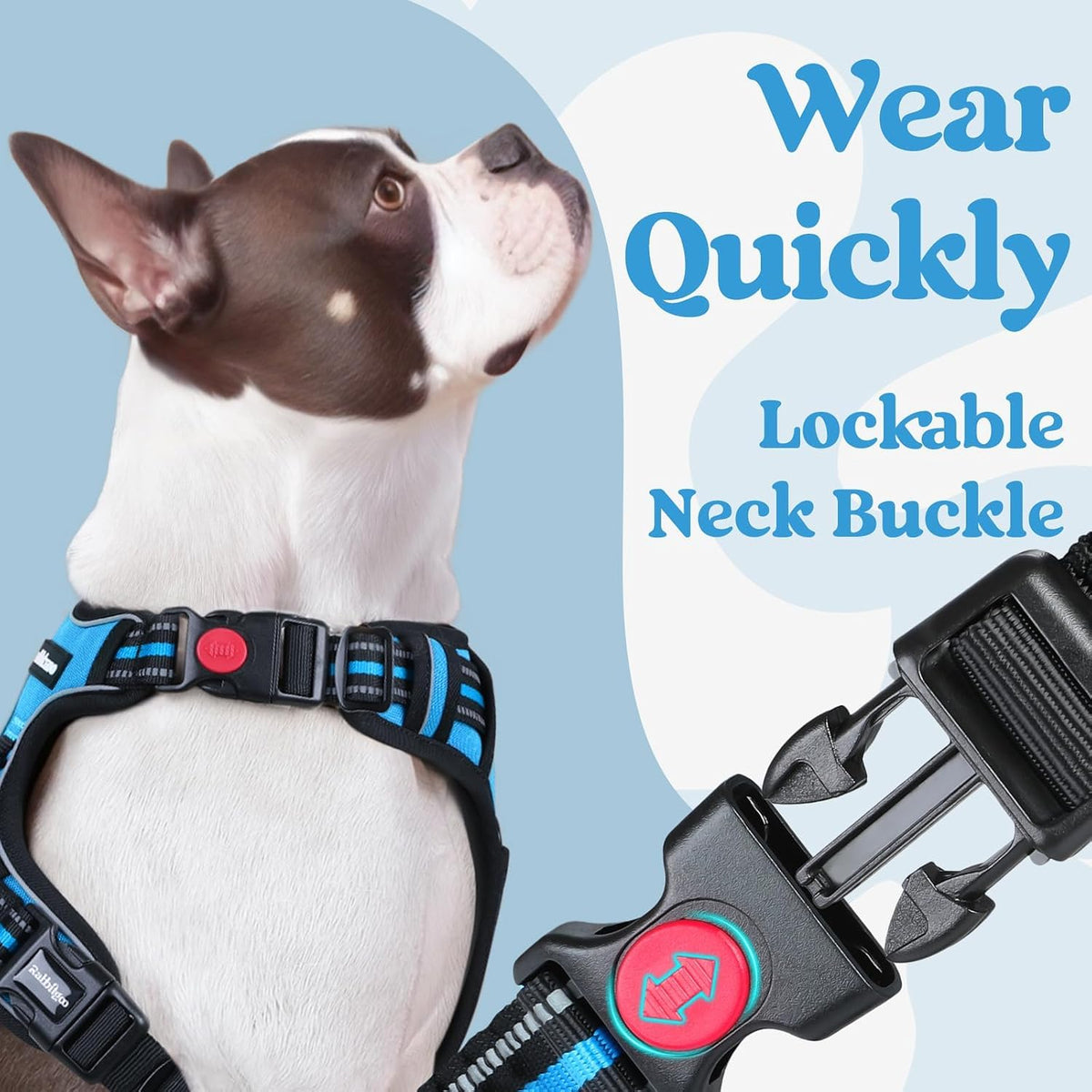 Dog Harness for Large, Updated Easy On & Off with 3 Buckles | No Pull No Choke, Walking with 2 Clips and Handle, Adjustable Soft Reflective, Blue, Large