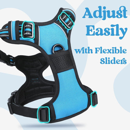 Dog Harness for Large, Updated Easy On & Off with 3 Buckles | No Pull No Choke, Walking with 2 Clips and Handle, Adjustable Soft Reflective, Blue, Large