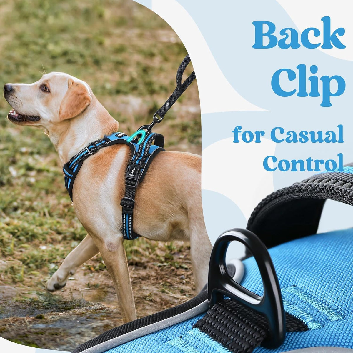 Dog Harness for Large, Updated Easy On & Off with 3 Buckles | No Pull No Choke, Walking with 2 Clips and Handle, Adjustable Soft Reflective, Blue, Large